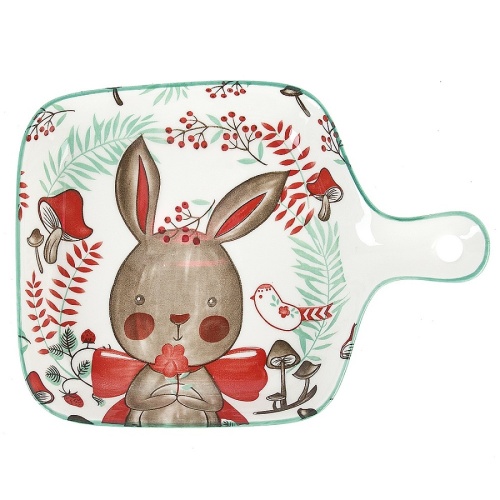 Блюдо из фарфора 22*16см KAWAII FOREST RABBIT квадратное с ручкой Nouvelle Home 0860409