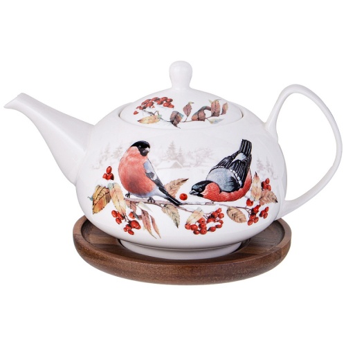 Чайник заварочный фарфор 930мл Lefard ЛЕСНАЯ СКАЗКА СНЕГИРИ на подставке 85-2023