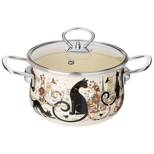 Кастрюля эмаль 2,0л Agness ПАРИЖСКИЕ КОТЫ со стекл. крышкой индукция 915-151