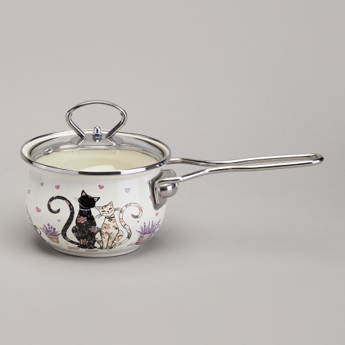 Ковш-яйцеварка эмаль 0,9л Agness LAVENDER CATS со стекл. крышкой индукция 943-079