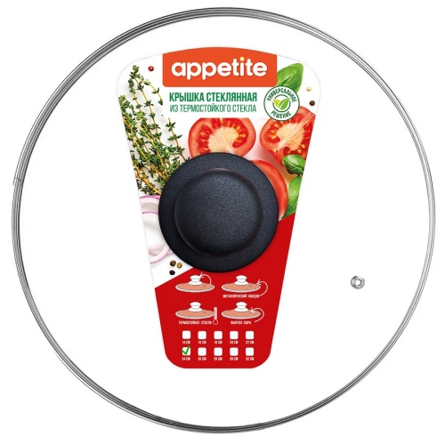 Крышка 22см Appetite РУКАВ стеклянная с пластик. ручкой и метал. ободом ZHI22GPR Крышка 22см Appetite РУКАВ стеклянная с пластик. ручкой и метал. ободом ZHI22GPR
