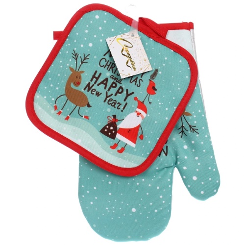 Комплект кухонный рогожка 2пр (прихватка+рукавица) ДЕД МОРОЗ 916-1338