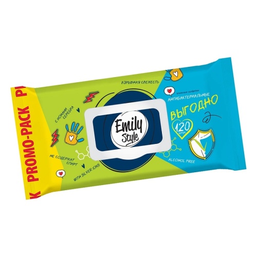Салфетки влажные EMILY STYLE 120шт Антибактериальные Эконом с клапаном