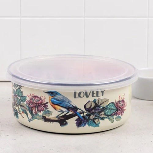 Миска эмаль 1,3л 16см ПЕВЧАЯ ПТИЧКА с крышкой Metrot 383713