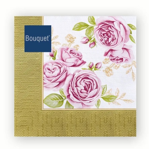 Салфетки бумажные BOUQUET 20шт 33*33см 3сл Розы в золотой рамке 1/12
