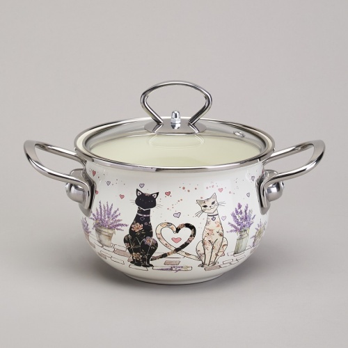 Кастрюля эмаль 1,5л Agness LAVENDER CATS со стекл. крышкой индукция 943-075 Кастрюля эмаль 1,5л Agness LAVENDER CATS со стекл. крышкой индукция 943-075