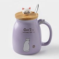Кружка керамика 500мл КОТИК МИКС с крышкой и ложкой China Cup 3044662