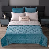 КПБ Евро (простыня на резинке) сатин 50*70см+70*70см VELVET PREMIUM с одеялом (синий) Viva Home Textile