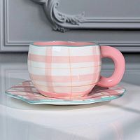 Чайная пара фарфор 300мл КЛЕТКА розовый Lenardi 164-229 1/24