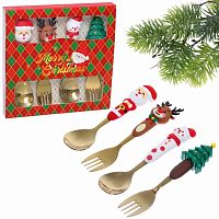 Набор десертных приборов 4пр (2 ложки+2 вилки) НОВОГОДНИЙ МИКС золото 889-0496