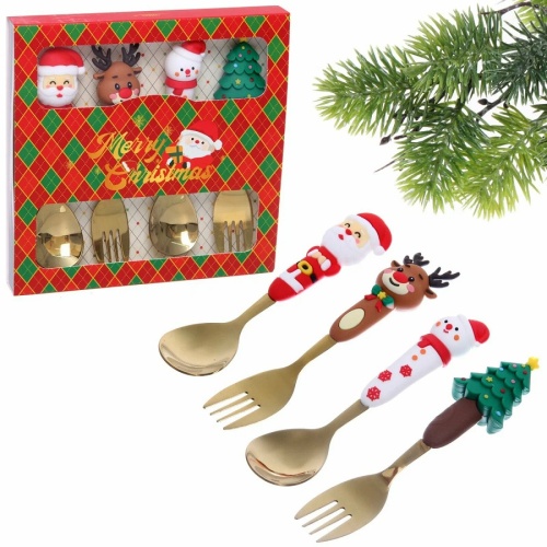 Набор десертных приборов 4пр (2 ложки+2 вилки) НОВОГОДНИЙ МИКС золото 889-0496