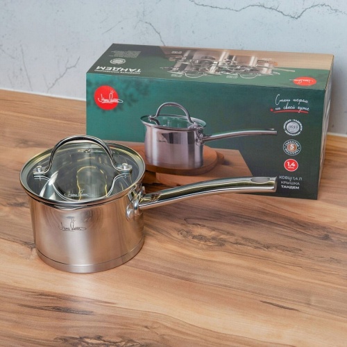 Ковш нерж. сталь 1,4л 14см Home Queen ТАНДЕМ со стекл. крышкой индукция 77271 1/6 фото 4 Ковш нерж. сталь 1,4л 14см Home Queen ТАНДЕМ со стекл. крышкой индукция 77271 1/6 фото 4