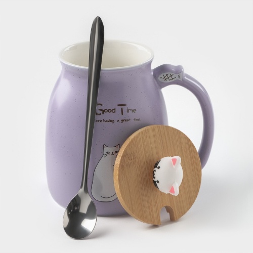 Кружка керамика 500мл КОТИК МИКС с крышкой и ложкой China Cup 3044662 фото 3