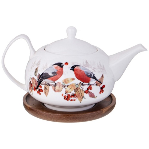 Чайник заварочный фарфор 930мл Lefard ЛЕСНАЯ СКАЗКА СНЕГИРИ на подставке 85-2023 фото 2