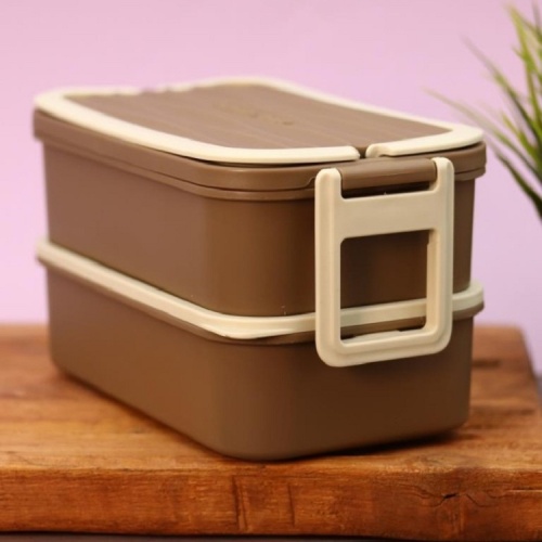 Ланч-бокс 1,8л 21,3*12,1*11,5см BROWN ложка+вилка (2 яруса) Square box 6429-02 фото 3