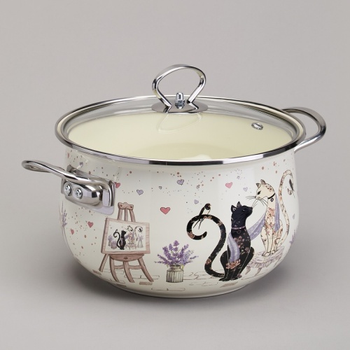 Кастрюля эмаль 3,8л Agness LAVENDER CATS со стекл. крышкой индукция 943-078 фото 2 Кастрюля эмаль 3,8л Agness LAVENDER CATS со стекл. крышкой индукция 943-078 фото 2