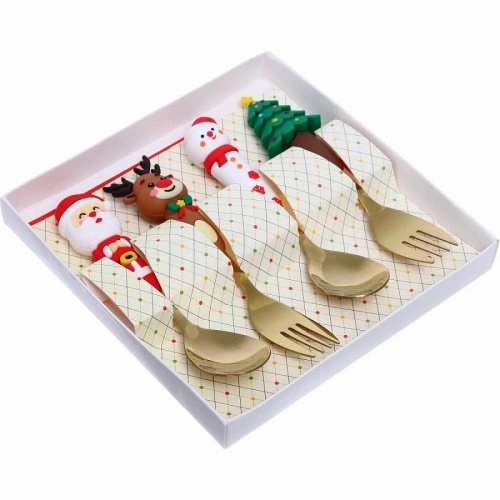 Набор десертных приборов 4пр (2 ложки+2 вилки) НОВОГОДНИЙ МИКС золото 889-0496 фото 2