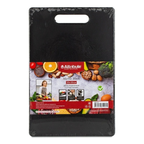 Доска разделочная пластик 30*20см MARBLE Black с ручкой Attribute ABX145 фото 2