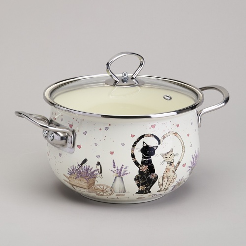 Кастрюля эмаль 2,8л Agness LAVENDER CATS со стекл. крышкой индукция 943-077 фото 2 Кастрюля эмаль 2,8л Agness LAVENDER CATS со стекл. крышкой индукция 943-077 фото 2