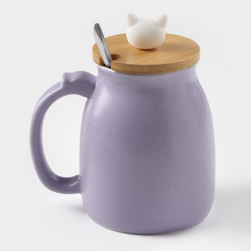 Кружка керамика 500мл КОТИК МИКС с крышкой и ложкой China Cup 3044662 фото 2