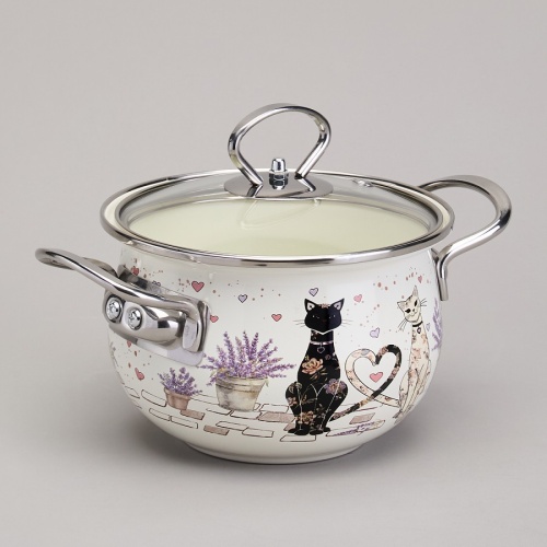 Кастрюля эмаль 1,5л Agness LAVENDER CATS со стекл. крышкой индукция 943-075 фото 2 Кастрюля эмаль 1,5л Agness LAVENDER CATS со стекл. крышкой индукция 943-075 фото 2